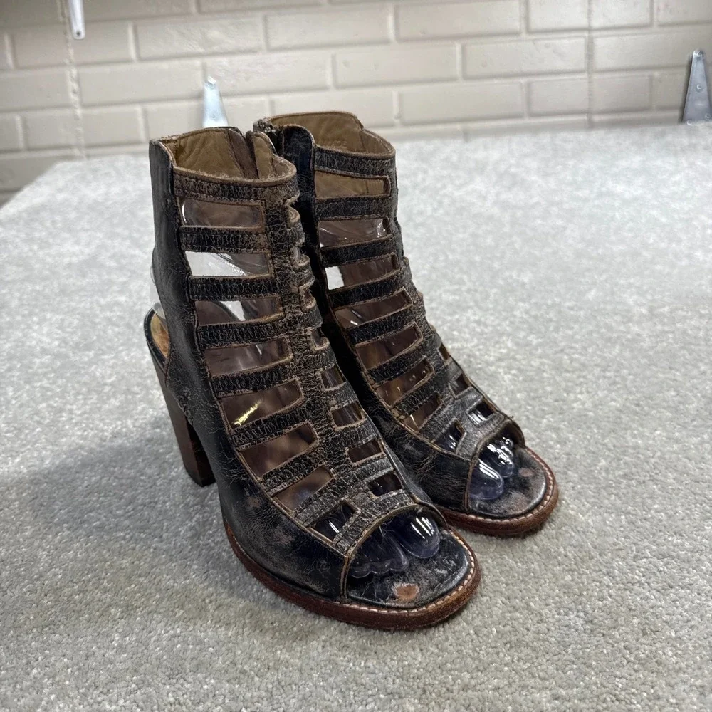 BED STU Occam Gladiator Distressed Leather Cage Peep Toe Heels Sz 6 Bench Made